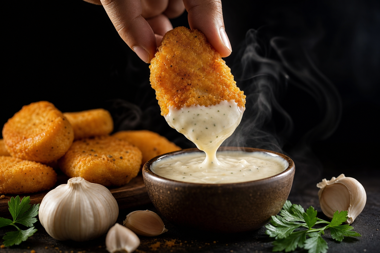 Nugget dipped in sauce